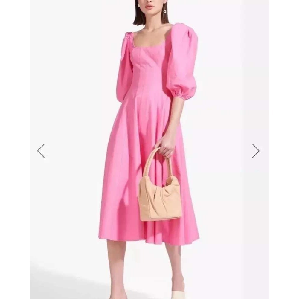 STAUD Swells Midi Dress Size 4 Pink Linen Blend Fit & Flare Princess Regency